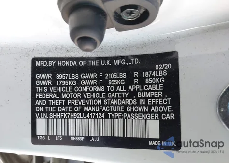 2020 Honda Civic Sport Touring z USA, uszkodzony, nr VIN SHHFK7H92LU417124